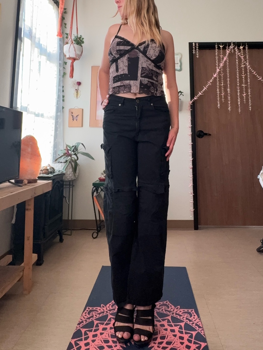 Black Wide-Leg Cargo Pants with Knee Detail